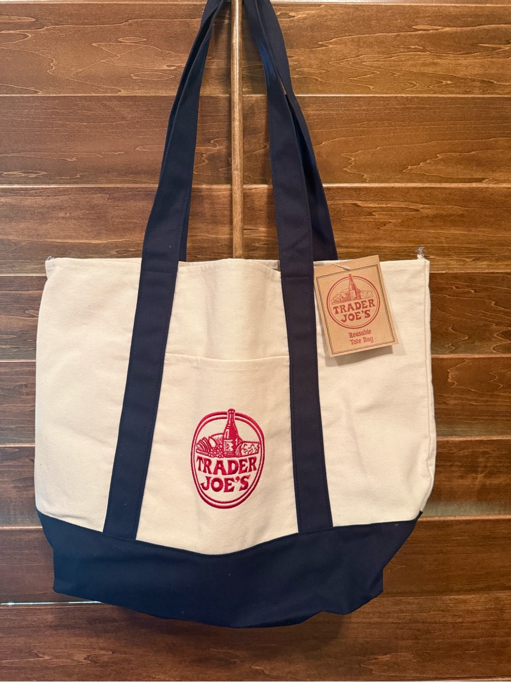 Trader Joe's Cream and Black Canvas Tote Bag